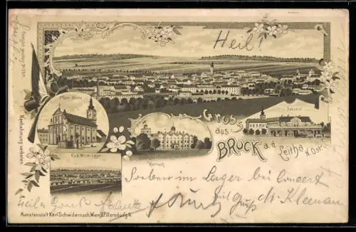 Lithographie Bruck an der Leitha, Panorama, Pfarr-Kirche, K. u. K. Militär-Lager, Schloss Harrach, Bahnhof