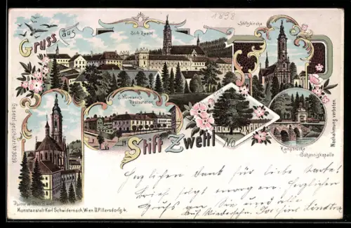 Lithographie Zwettl, Stift Zwettl, Restaurant L. Hutmann, Stiftskirche, Linde