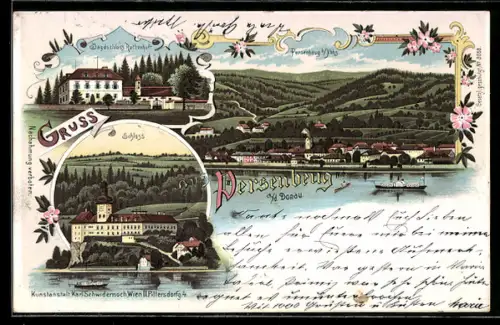 Lithographie Persenbeug, Dampfer, Donaupartie, Jagdschloss, Schloss
