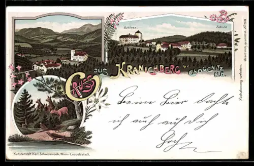 Lithographie Kranichberg b. Gloggnitz, Schloss und Schule, Uferpartie mit Rehen und Fasanen