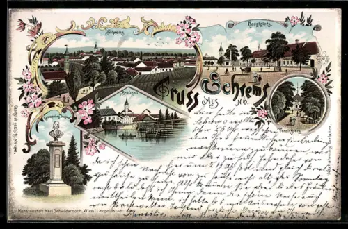 Lithographie Schrems /N.Ö., Hammerling-Denkmal, Hauptplatz, Vereinsberg, Ortsansicht