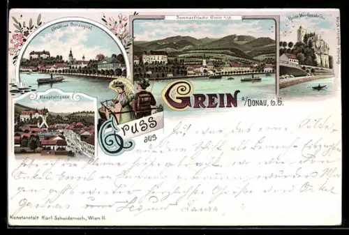 Lithographie Grein, Hauptstrasse, Ruine Werfenstein, Gesamtansicht mit Donauquai