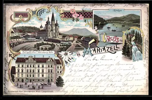 Lithographie Mariazell, Erlassee, Carl Laufenstein`s Hotel schwarzer Adler