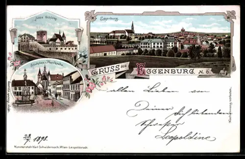 Lithographie Eggenburg /N.Ö., Stadtplatz u. Pfarrkirche, Altes Schloss, Ortsansicht