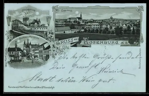 Mondschein-Lithographie Eggenburg /N.Ö., Stadtplatz u. Pfarrkirche, Altes Schloss, Ortsansicht