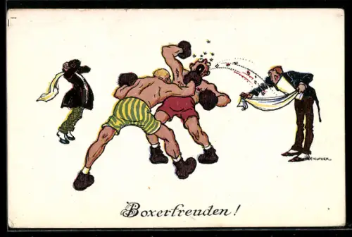 Künstler-AK Ernst Kutzer: Boxerfreuden!, Zahnverlust nach Kinnhaken