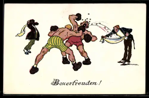 Künstler-AK Ernst Kutzer: Boxerfreuden!, Zahnverlust nach Kinnhaken