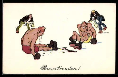 Künstler-AK Ernst Kutzer: Boxer mit geschwollenen Gesichtern nach dem Kampf