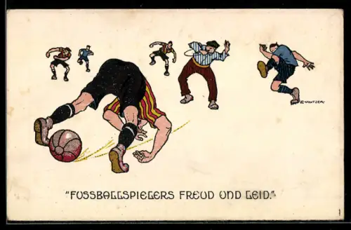 Künstler-AK Ernst Kutzer: Fussballspieler stolpert über den Ball