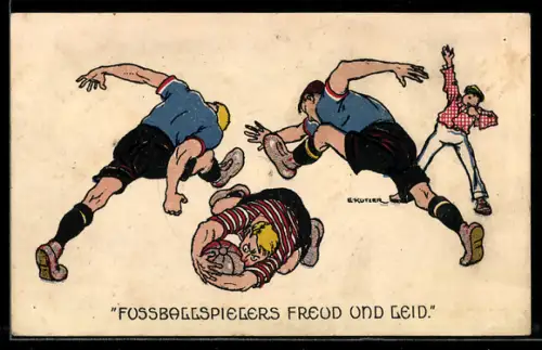 Künstler-AK Ernst Kutzer: Torwart hält den Ball vor zwei Spielern ab