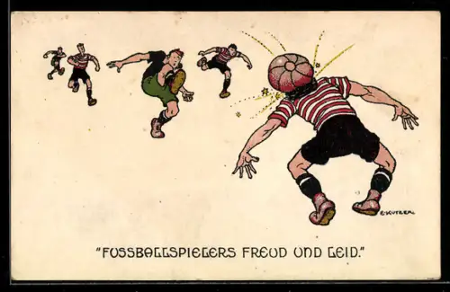 Künstler-AK Ernst Kutzer: Fussballspieler wird vom Ball am Kopf getroffen