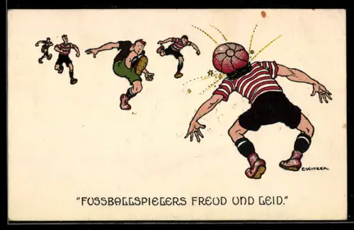 Künstler-AK Ernst Kutzer: Spieler wird vom Fussball am Kopf getroffen