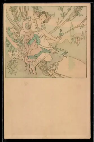 Künstler-AK Alphonse Mucha: Elegante Dame mit Blumen in blühender Natur