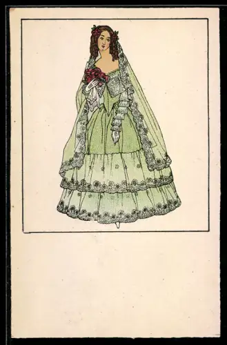 Künstler-AK Urban Janke: Wiener Werkstätte Nr. 130, Elegante Dame in grünem Kleid mit Rosen