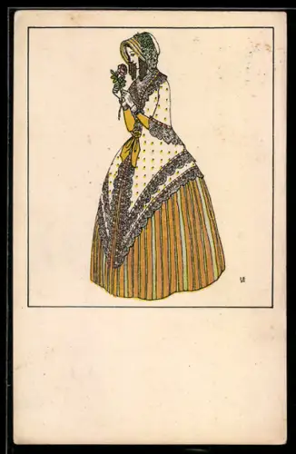 Künstler-AK Urban Janke: Wiener Werkstätte Nr. 131, Elegante Dame in schönem Kleid mit Blume