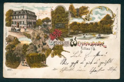 Glitzer-Perl-Lithographie Zittau, Gasthaus Weinau, Weinauparkanlage
