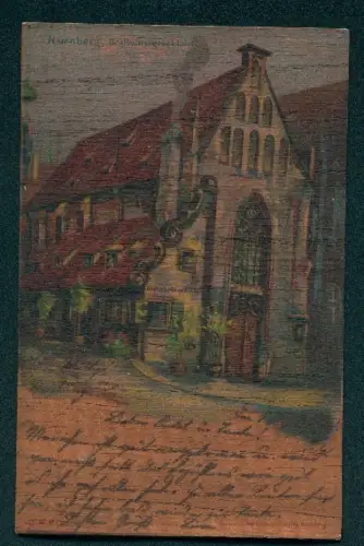 Holzfurnier-AK Nürnberg, Partie vor Gasthof Bratwurstglöcklein