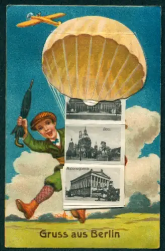 Leporello-AK Berlin, Mann an einem Fallschirm mit diversen Ortsansichten im Heftchen