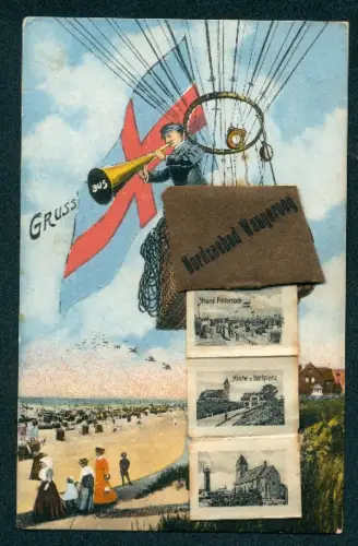 Leporello-AK Wangeroog, Mann in einem Heissluftballon mit Trompete, verschiedene Ortsansichten im Heft