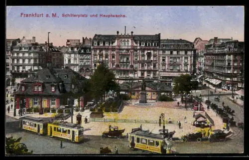 AK Frankfurt, Schillerplatz und Hauptwache, Ortsansicht mit Strassenbahnen
