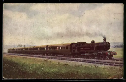 Künstler-AK englische Eisenbahn Ambulance Train der Gesellschaft L.B. & S.C.R. unter Volldampf