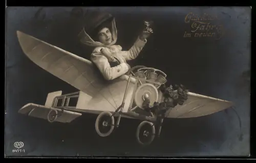 AK Fotomontage, Frau sitzt in einem Flugzeug