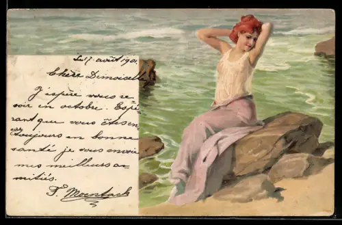 AK Frau im durchsichtigen Hemd räkelt sich am Meeresfelsen