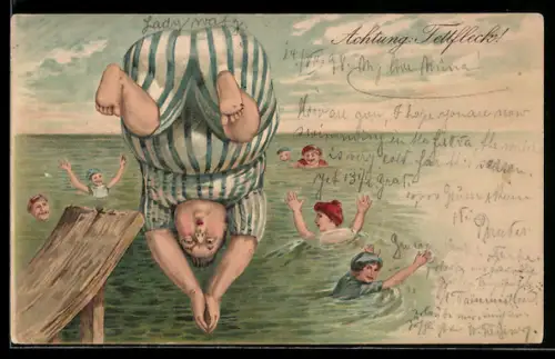 Lithographie Achtung Fettfleck!, Dicker Mann springt in`s Meer