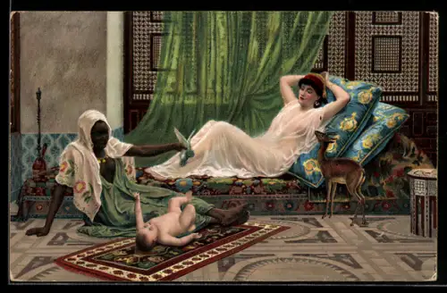 Künstler-AK Arabische Volkstypen, Frau im Bett beobachtet die Babysitterin mit dem Kind