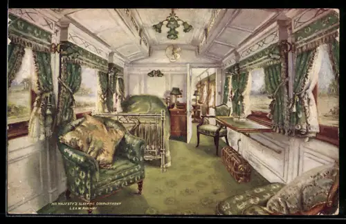 Künstler-AK His Majesty`s sleeping compartment, L. & N.W. Railway, englische Eisenbahn