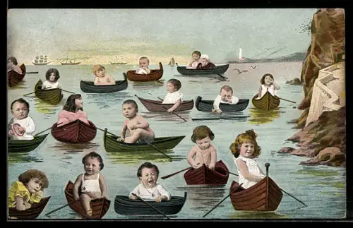 AK Fotomontage, Kinder in den Booten