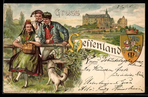 Lithographie Gruss aus dem Hessenland, Volkstrachten & Wappen