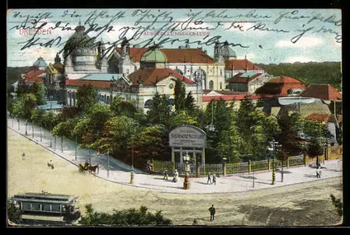 AK Dresden, Strassenbahn am Ausstellungsgebäude