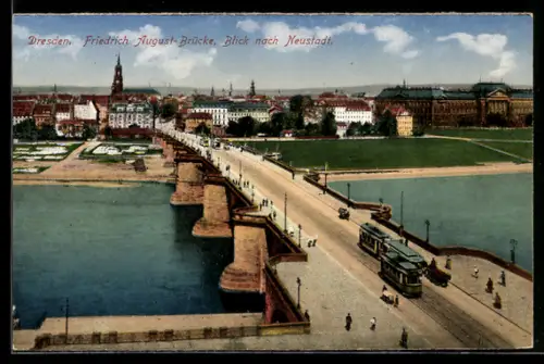 AK Dresden, Friedrich August-Brücke mit Strassenbahn