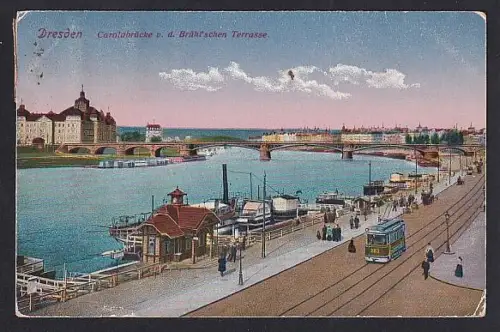 AK Dresden, Carolabrücke v. d. Brühl`schen Terrasse bei Dämmerung, Strassenbahn