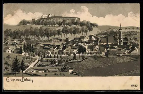 AK Bitsch, Vue sur le village avec colline boisée en arrière-plan