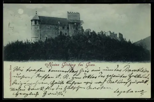 Mondschein-AK Graz-Gösting, Blick zur Burgruine Gösting