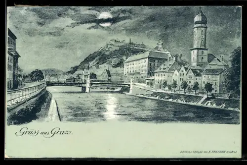 AK Graz, Flusspartie mit Brücke im Vollmondlicht