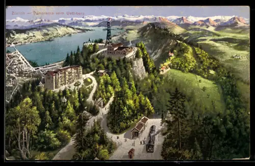 AK Zürich, Panorama vom Uetliberg, Bergbahn, Aussichtsturm