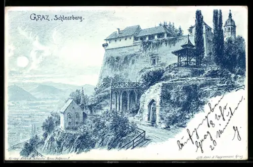 Lithographie Graz, Schlossberg mit Blick in die Ebene