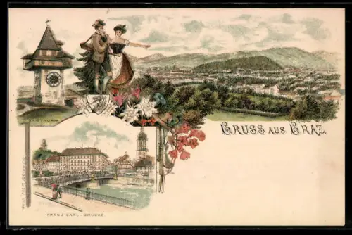 Lithographie Graz, Teilansicht, Uhrturm, Franz Carl-Brücke