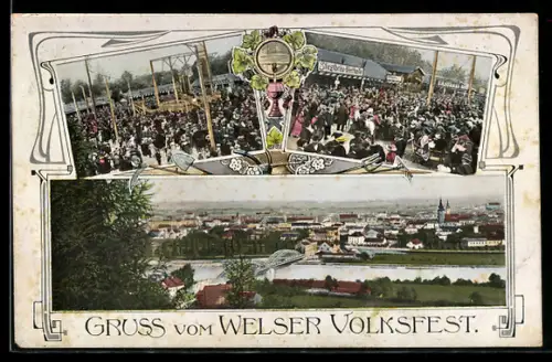 AK Wels, Gruss vom Welser Volksfest, Stieglbräu Bierhalle mit Besuchern, Hochseilartisten