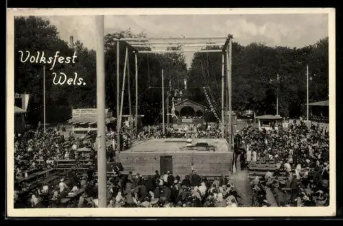 AK Wels, Volksfest, Artisten auf dem Hochseil, Zuschauer