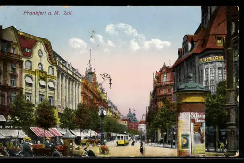 AK Frankfurt a. M., Zeil mit Litfasssäule und Strassenbahn