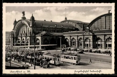 AK Frankfurt a. M., Strassenbahnen vor dem Hauptbahnhof