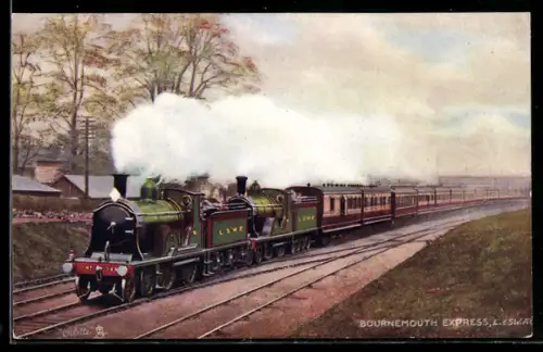 Künstler-AK englische Eisenbahn Bournemouth Express der Gesellschaft L. & S.W.R. mit Kennung 185