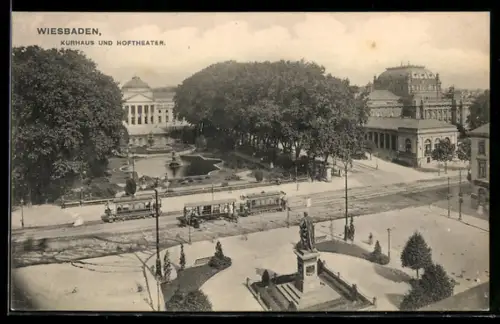 AK Wiesbaden, Kurhaus und Hoftheater mit Strassenbahn und Denkmal