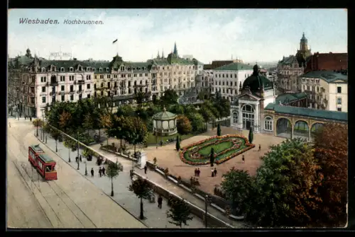 AK Wiesbaden, Strassenbahn am Kochbrunnen