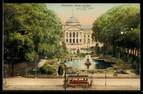 AK Wiesbaden, Neues Kurhaus, Strassenbahn