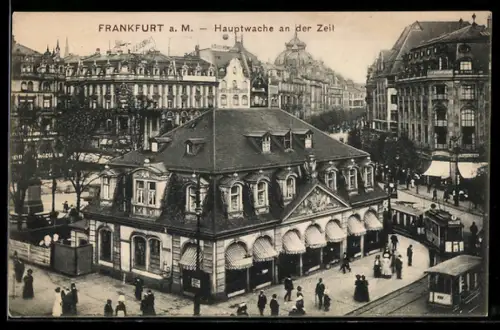 AK Frankfurt am Main, Hauptwache und Zeil, Strassenbahnen davor